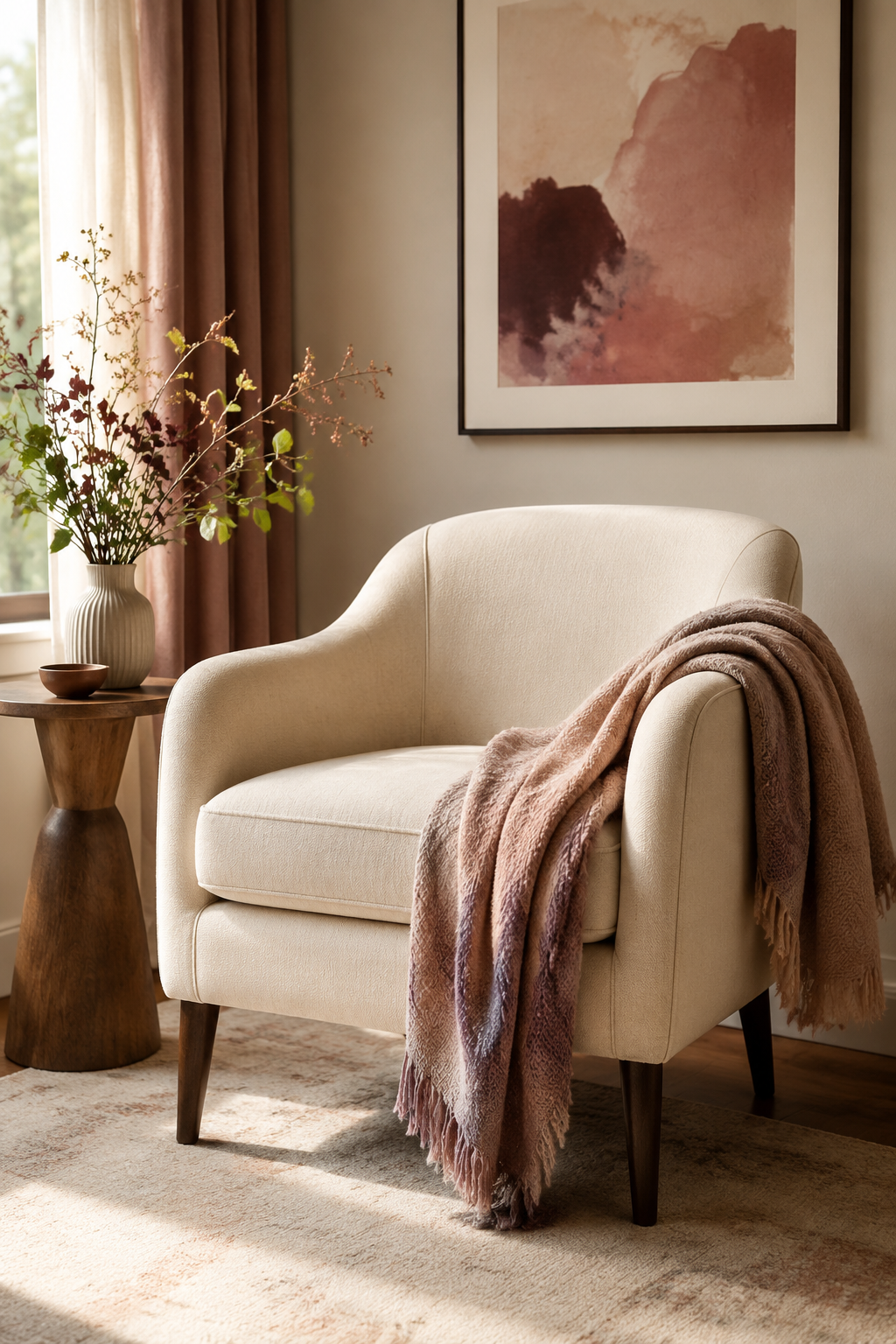 A comfortable cream chair with a soft blanket in a warm therapy space
